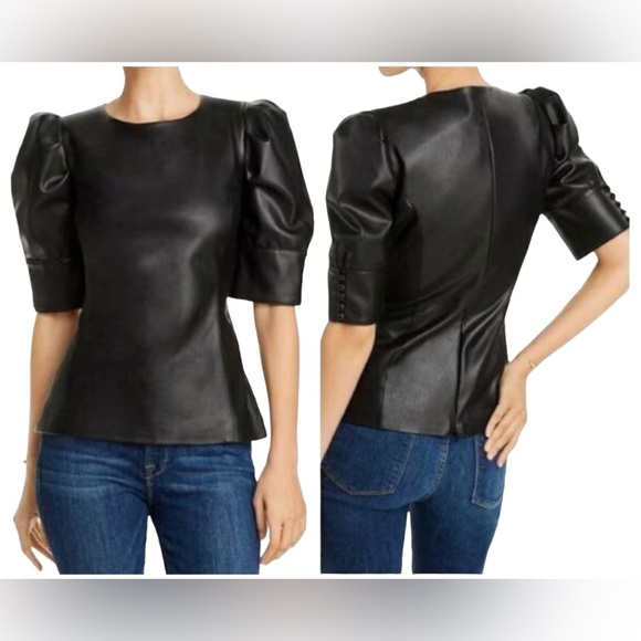 AQUA faux leather top black short sleeve Size Small - Picture 1 of 11